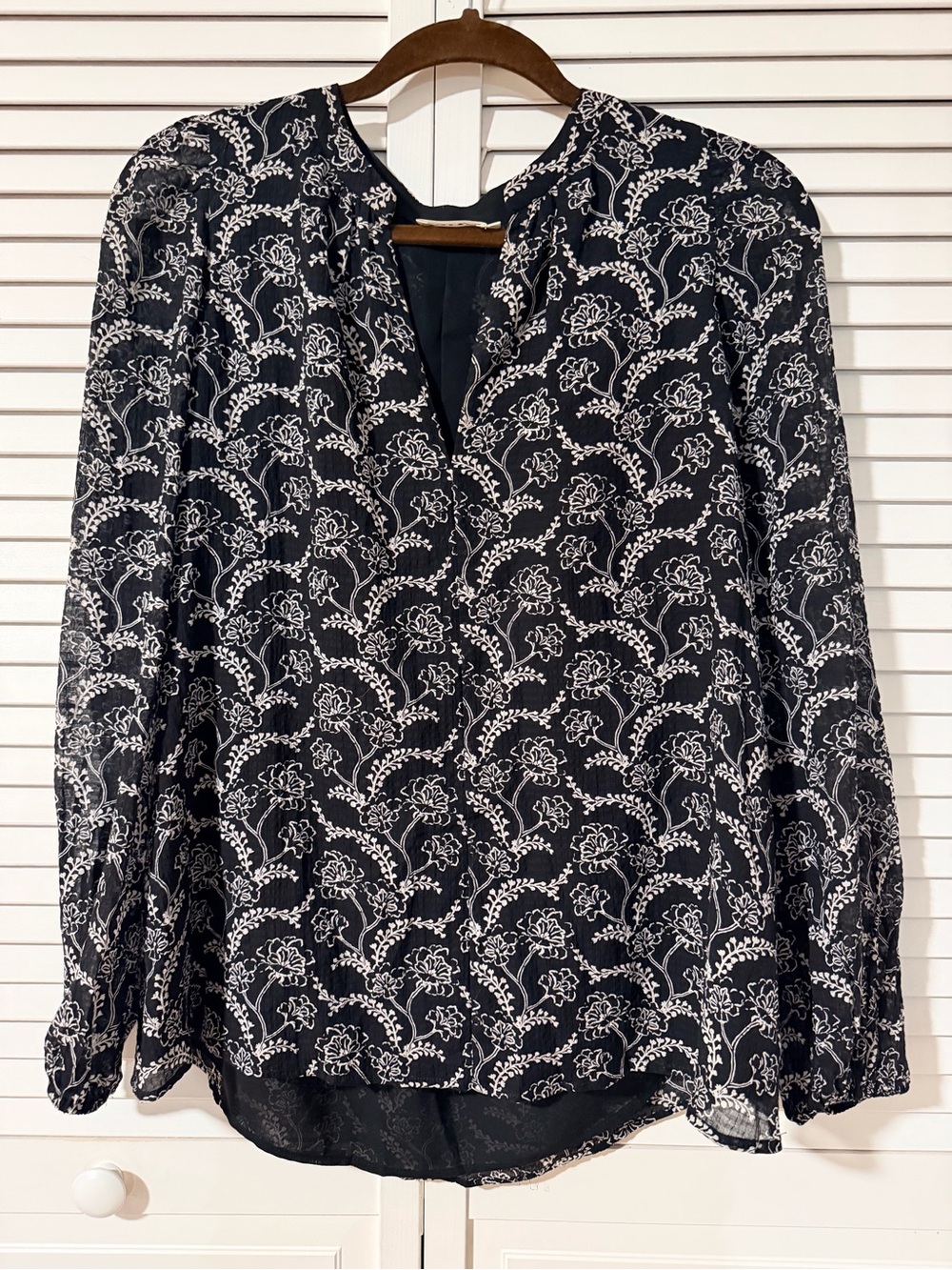 A.L.C. Navy and White Floral V-Neck Long Sleeve Blouse